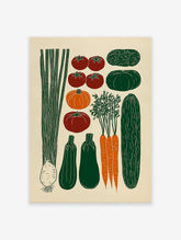 Illustrated vegetable poster featuring green leeks, tomatoes, pumpkins, squashes, carrots, cucumber, and cabbage.