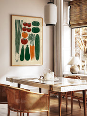Illustrated vegetable poster featuring green leeks, tomatoes, pumpkins, squashes, carrots, cucumber, and cabbage. - Image 2