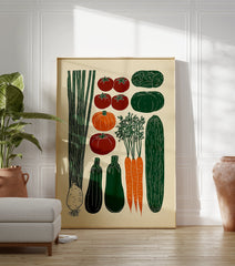 Illustrated vegetable poster featuring green leeks, tomatoes, pumpkins, squashes, carrots, cucumber, and cabbage. - Image 3