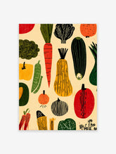 Illustrated vegetable poster featuring a pattern of red carrots, green zucchini, yellow squash, and various produce on a cream background.