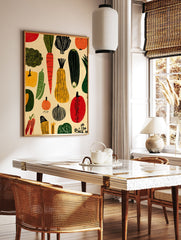 Illustrated vegetable poster featuring a pattern of red carrots, green zucchini, yellow squash, and various produce on a cream background. - Image 2