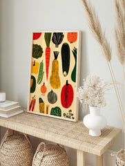 Illustrated vegetable poster featuring a pattern of red carrots, green zucchini, yellow squash, and various produce on a cream background. - Image 4