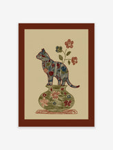 Folk art style illustration of a multi-color patterned cat standing on a green floral vase with flowers on a beige background.