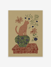 Illustrative cat wall art sitting on a green vase with botanical elements, flowers, and berries in a vintage style.