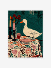 Illustrative print of a white duck observing a table setting with candles, red roses, and a floral tablecloth on teal water