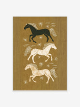 Three illustrative running horses in black, white, and tan on an earthy brown background with white stars