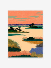Illustrative landscape wall art depicting a marshland with an orange sky, green plants, and blue water in a stylized art print.
