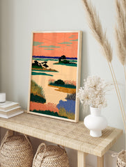 Illustrative landscape wall art depicting a marshland with an orange sky, green plants, and blue water in a stylized art print. - Image 3