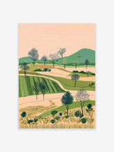 Illustrative landscape art print with rolling green hills, cultivated fields, and dotted trees under a peach sky