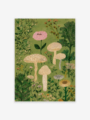 Illustrative mushroom and botanical wall art print with pink flower, beige mushrooms, and green foliage