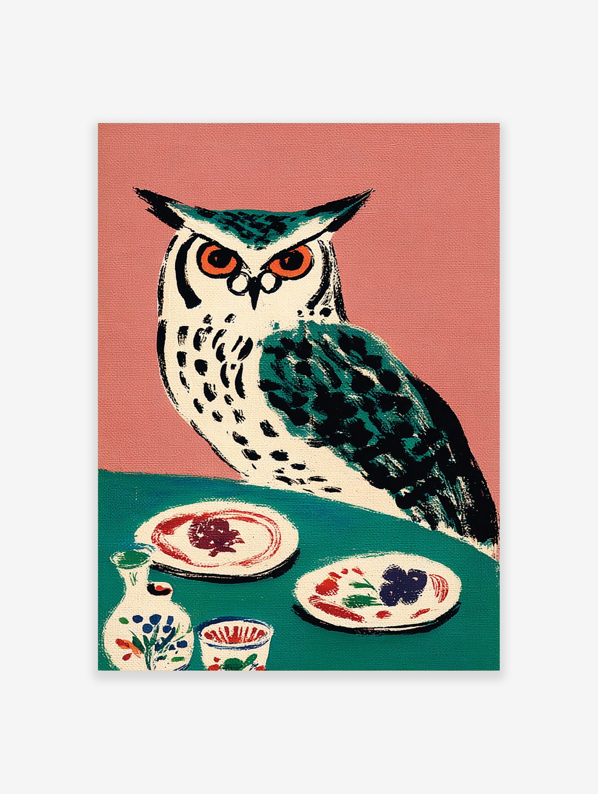 Illustrative owl with orange eyes on teal table with plates and pottery, pink background, folk art style