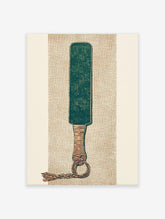Illustrative paddle wall art print with a green blade, wrapped handle, and knotted tassel on a textured tan background.