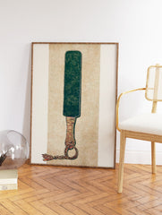 Illustrative paddle wall art print with a green blade, wrapped handle, and knotted tassel on a textured tan background. - Image 2