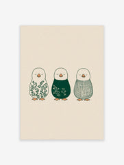 Illustrative penguin wall art featuring botanical leaves, white florals, and a plaid pattern in green hues