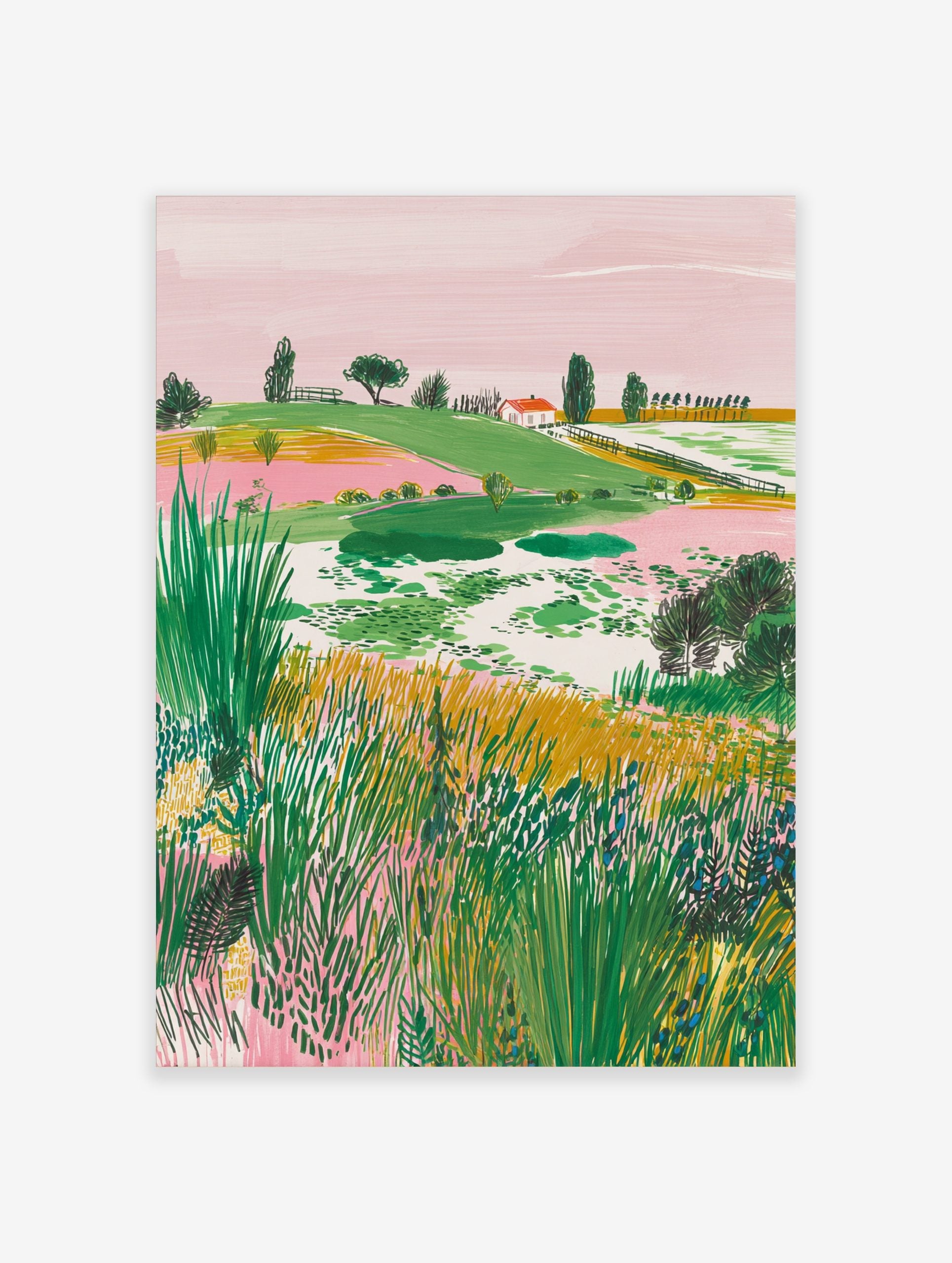 Illustrative landscape art print with green hills, pink sky, a red-roof house, and foreground grasses
