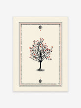 Illustrative tree poster with black branches and red berries, surrounded by a black and red decorative border on a cream background.
