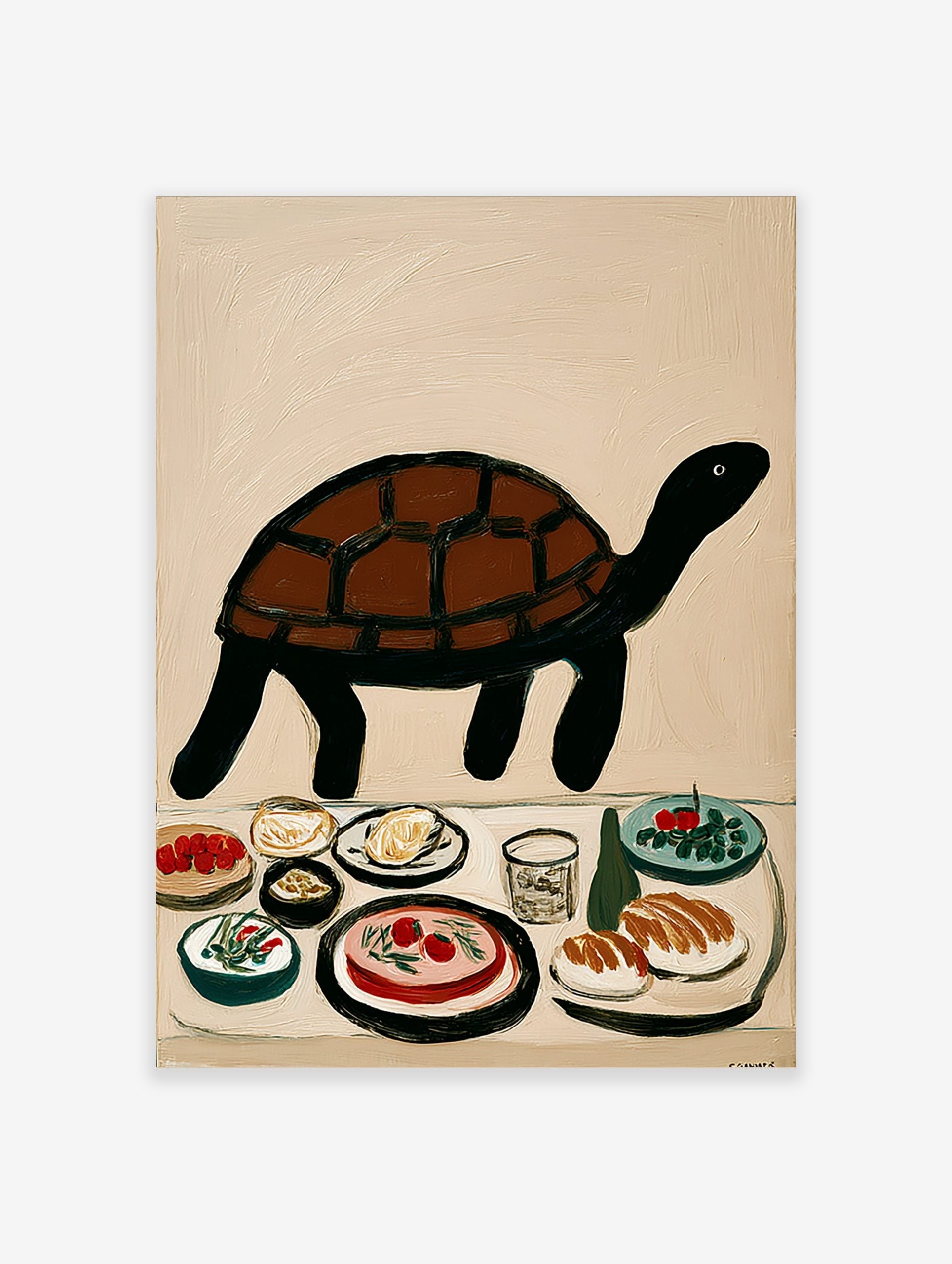 Illustrative brown and black turtle above a table with various food dishes and a glass on a beige background