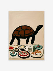 Illustrative brown and black turtle above a table with various food dishes and a glass on a beige background