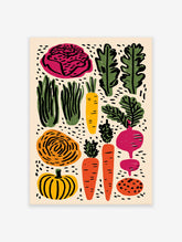 Illustrative vegetable poster featuring a vibrant collection of carrots, cabbage, beets, and pumpkin in a modern art style.