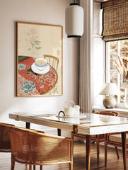 Illustrative wall art of a tea cup and saucer on a patterned red tablecloth with botanical background - Image 2