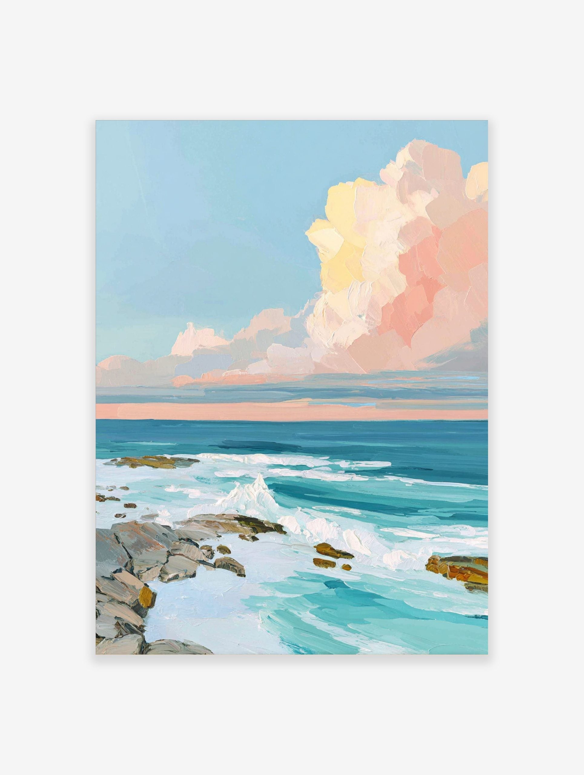 Impressionistic ocean wall art with crashing waves, rocky shore, and pastel pink and yellow clouds