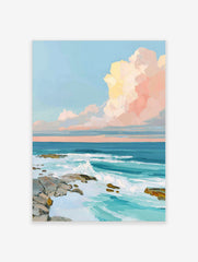 Impressionistic ocean wall art with crashing waves, rocky shore, and pastel pink and yellow clouds