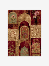 Indian-inspired botanical wall art with archways, framed flowers in red, gold, and green tones, featuring intricate patterns.