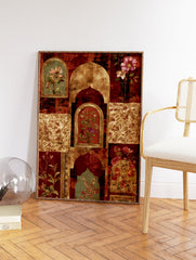 Indian-inspired botanical wall art with archways, framed flowers in red, gold, and green tones, featuring intricate patterns. - Image 2