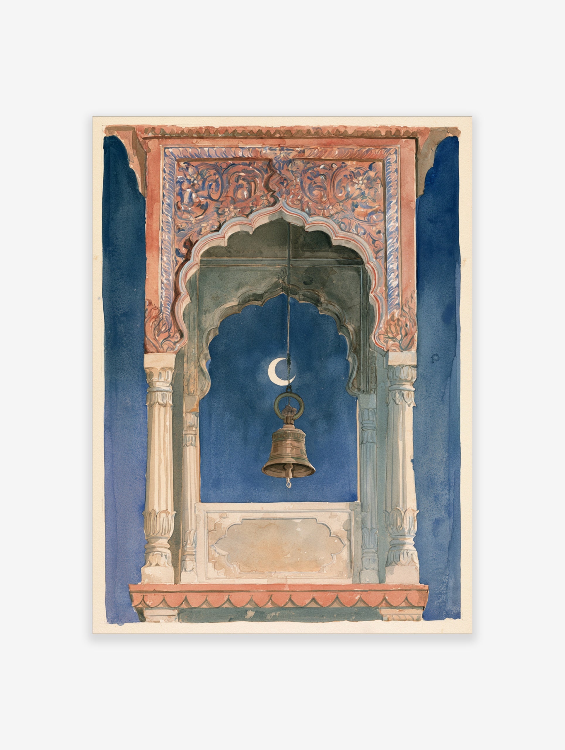 Ornate Indian architectural archway with a hanging brass bell and crescent moon against a deep blue sky, illustrative print