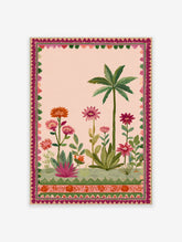 Indian botanical garden poster with a pink background, green palm tree, and vibrant pink, orange, and red flowers, framed by a decorative border.