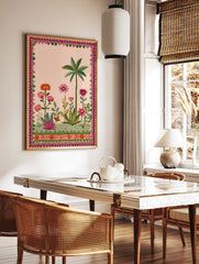 Indian botanical garden poster with a pink background, green palm tree, and vibrant pink, orange, and red flowers, framed by a decorative border. - Image 2