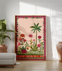 Indian botanical garden poster with a pink background, green palm tree, and vibrant pink, orange, and red flowers, framed by a decorative border. - Image 3