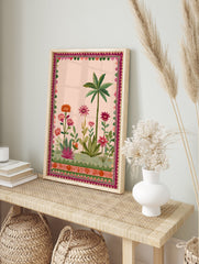 Indian botanical garden poster with a pink background, green palm tree, and vibrant pink, orange, and red flowers, framed by a decorative border. - Image 4