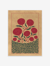 Indian botanical print featuring red stylized flowers and green leaves on a textured brown background with intricate patterns.