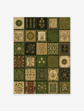 Grid of 30 square panels with intricate Indian botanical and floral patterns in green, gold, and brown tones