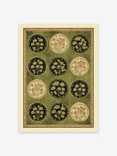 Indian botanical wall art print with twelve circular Mughal floral motifs in green and gold on a textured background