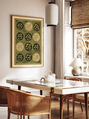 Indian botanical wall art print with twelve circular Mughal floral motifs in green and gold on a textured background - Image 2