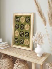 Indian botanical wall art print with twelve circular Mughal floral motifs in green and gold on a textured background - Image 3