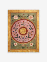 Indian botanical wall art featuring intricate Mughal-style floral patterns in pink, green, and gold, with a golden border.