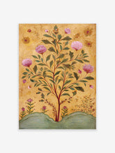 Indian botanical wall art print featuring a pink flowering plant with green leaves on a textured golden background.