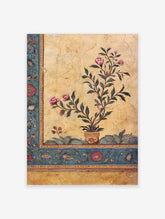 Indian botanical wall art print with pink flowers in a pot, green leaves, and an ornate teal border with floral and bird motifs.