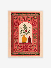 Indian botanical wall art print featuring a red floral design, yellow vase with green leaves, and patterned border on a light background.