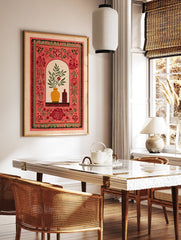 Indian botanical wall art print featuring a red floral design, yellow vase with green leaves, and patterned border on a light background. - Image 2