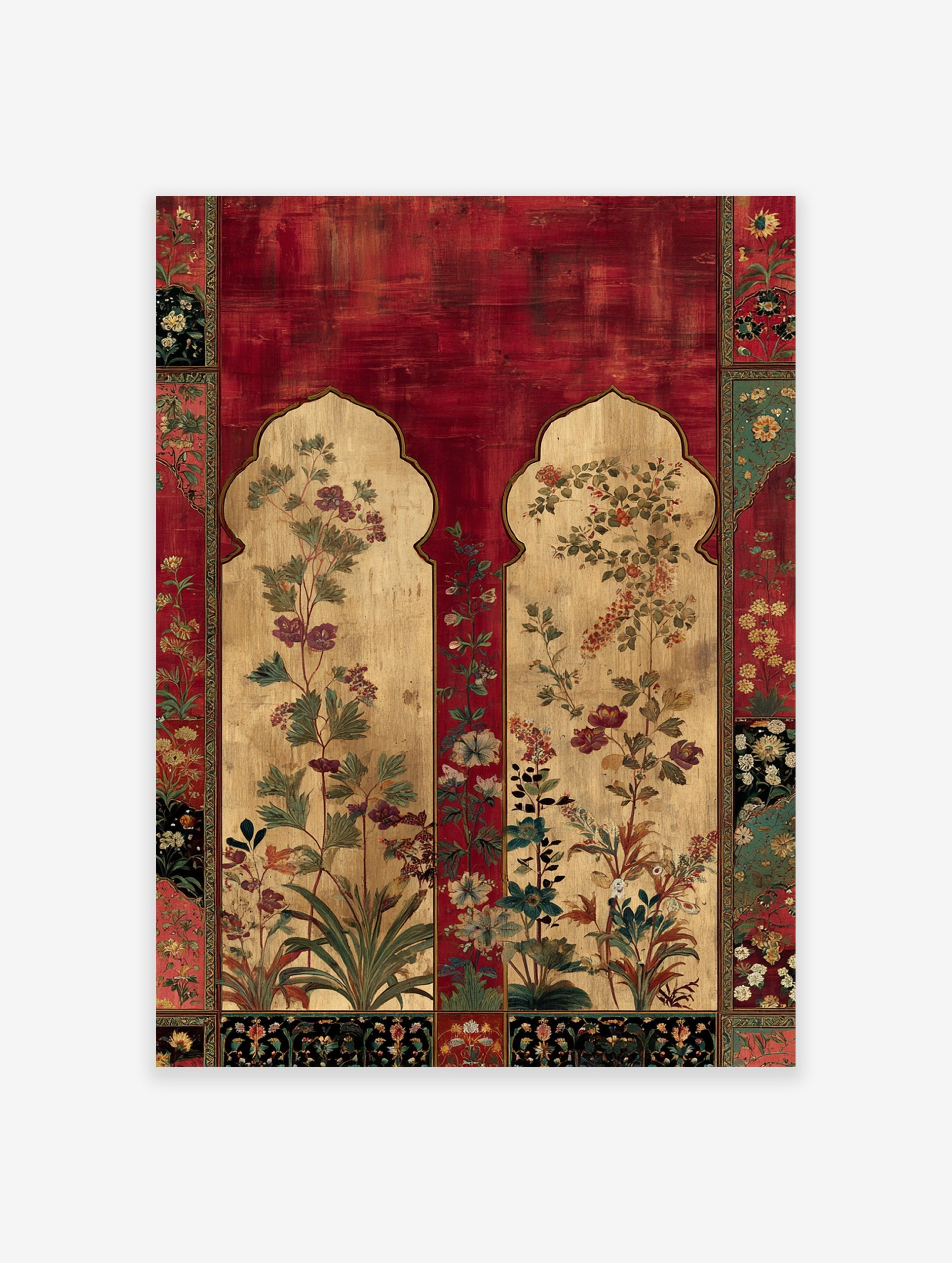 Indian botanical wall art print featuring rich red background, gold archways, and detailed floral illustrations.