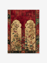 Indian botanical wall art print featuring rich red background, gold archways, and detailed floral illustrations.