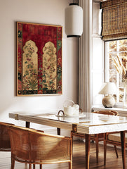 Indian botanical wall art print featuring rich red background, gold archways, and detailed floral illustrations. - Image 3