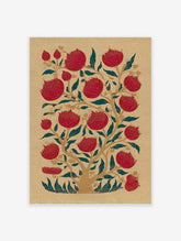 Indian botanical wall art featuring a stylized tree with red pomegranate flowers, teal leaves, and gold branches on a textured gold background.