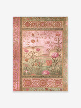 Detailed Indian botanical wall art print with pink and green floral patterns, intricate borders, and subtle landscape elements.