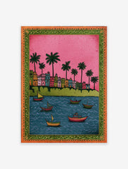 Colorful Indian cityscape wall art with buildings, palm trees, and boats on blue water under a pink sky, ornate border.