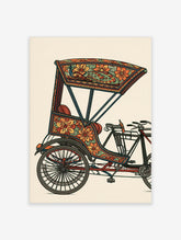 Indian cycle rickshaw poster with floral folk art panels, peacock motif and patterned canopy on a pale background